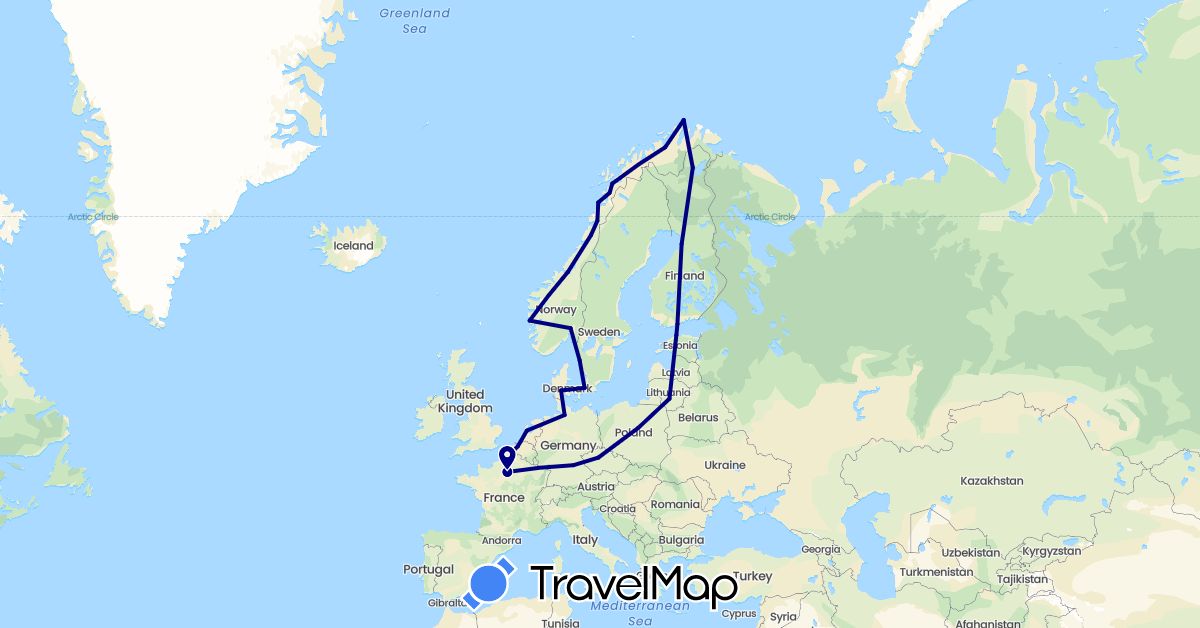 TravelMap itinerary: driving in Belgium, Czech Republic, Germany, Denmark, Estonia, Finland, France, Lithuania, Netherlands, Norway, Poland, Sweden (Europe)